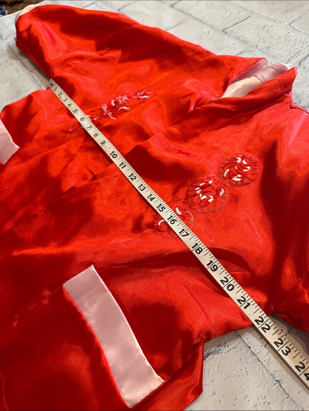 Satin Reversible Pink Kimono Robe with Red Trim and embroidered designs - Picture 10 of 13
